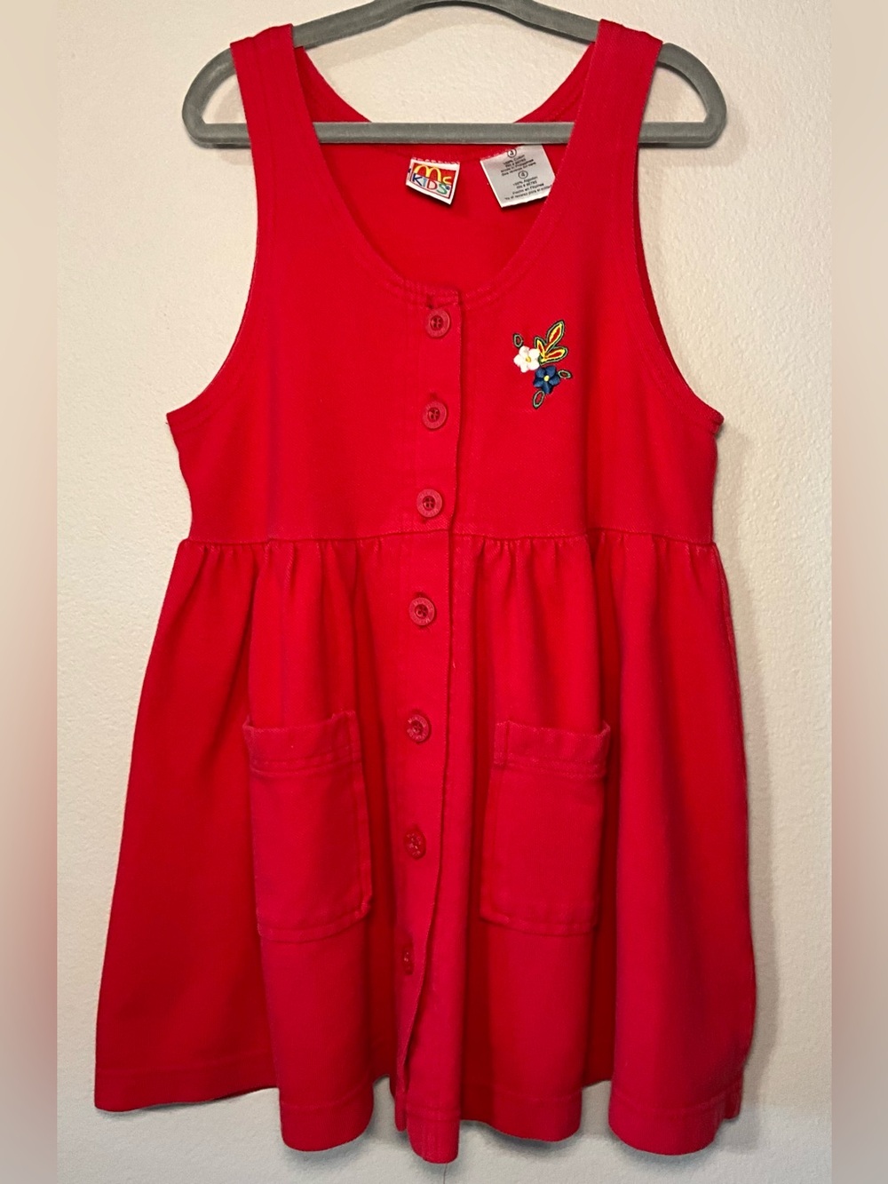 Vintage Girls Bright Red Button-Front Knit Dress with Embroidered Accent